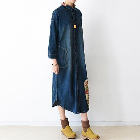 2021 fall denim dresses plus size long patchwork denim shirt dress casual style