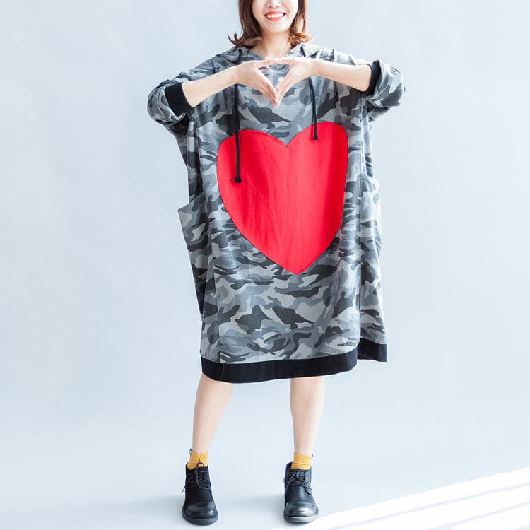 2021 fall prints ruffles black cotton shift dresses hooded oversize casual dress patchwork loving heart