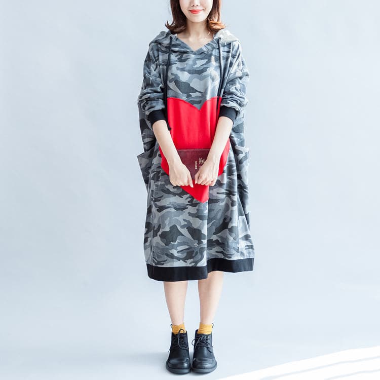 2021 fall prints ruffles black cotton shift dresses hooded oversize casual dress patchwork loving heart