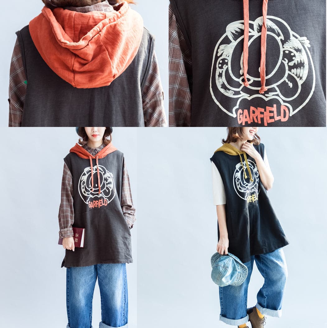 2021 fashion black cartoon print cotton sleeveless pullover oversize hooded thick Vests