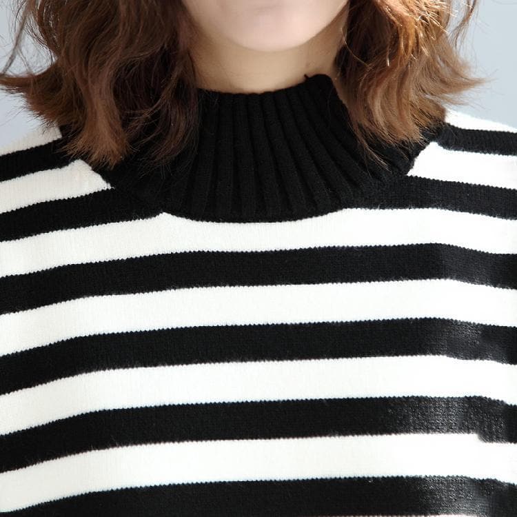 2021 fashion black white striped cotton knit tops plus size asymmetric design sweater