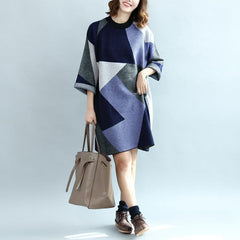 2021 geometric patchwork cotton knit dresses plus size casual bracelet sleeved sweater dress