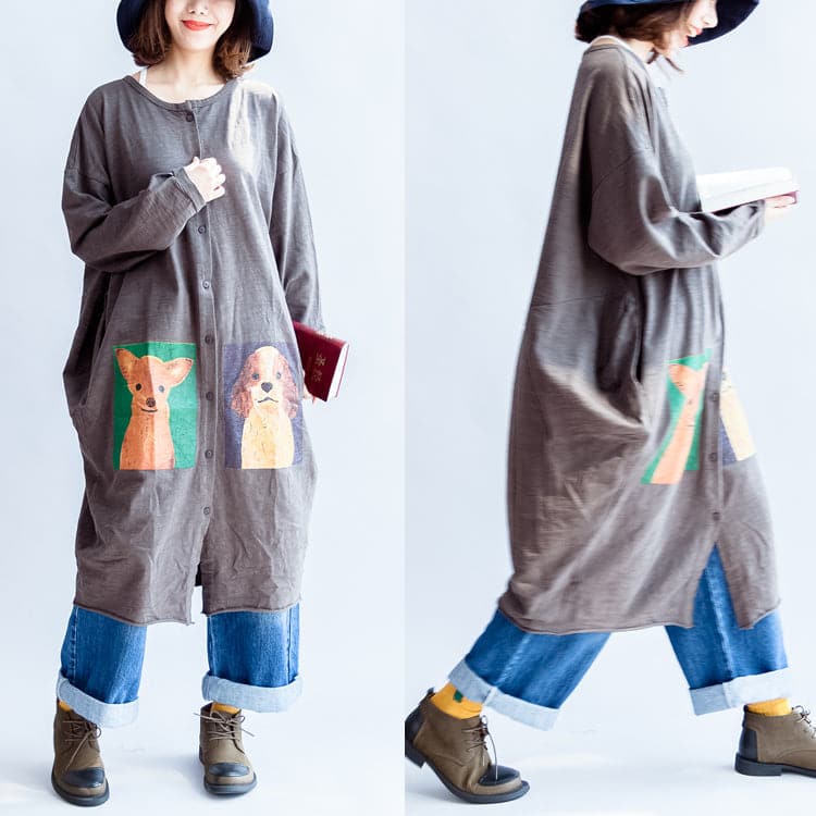 2021 gray cartoon print cotton cardigans plus size casual big coats