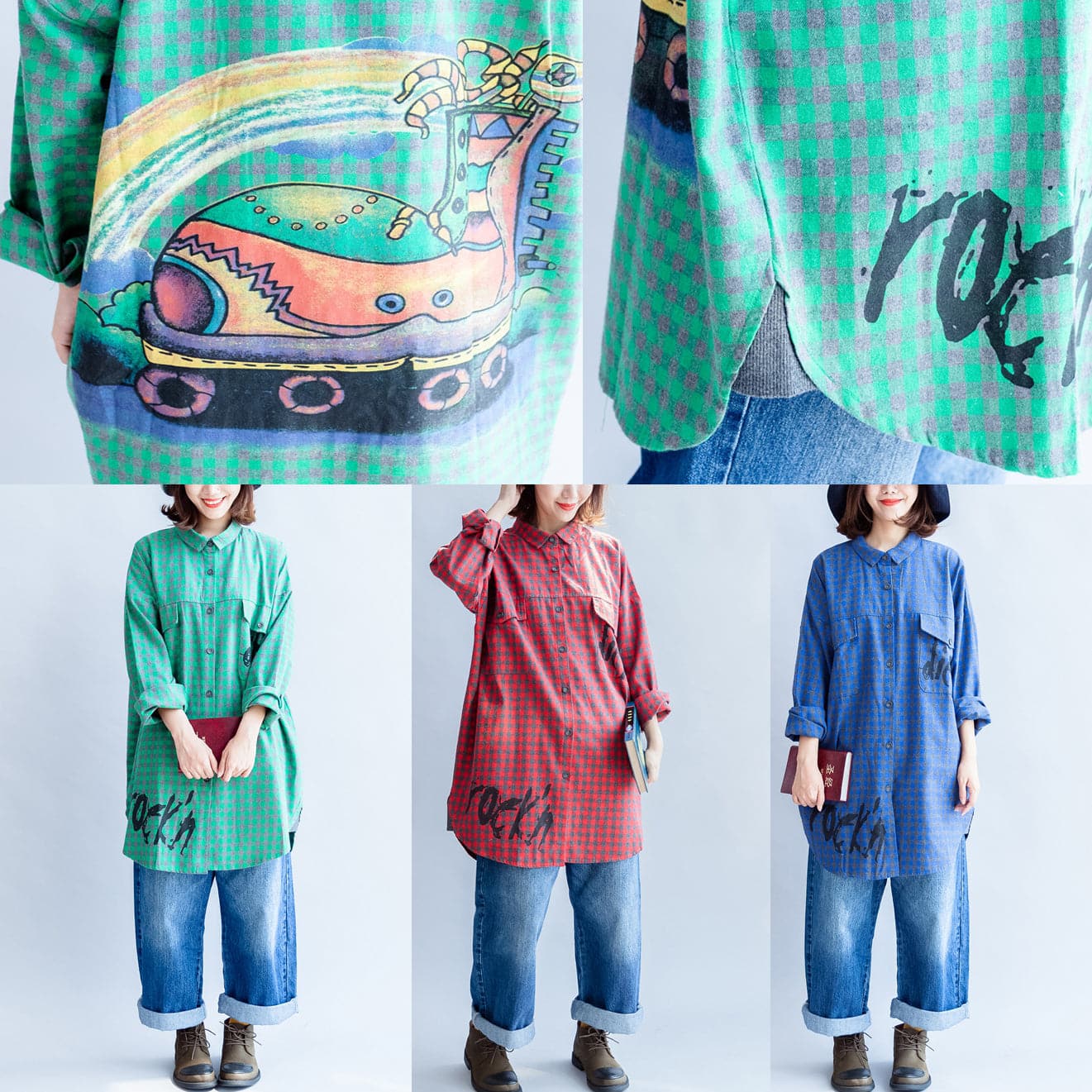 2021 green cartoon print cotton tops baggy loose grid casual long sleeve blouse