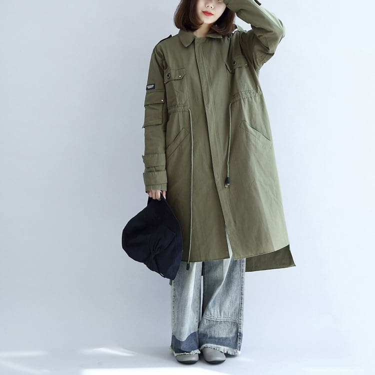 2021 pockets green casual cotton parka plus size tie waist long sleeve trench coats