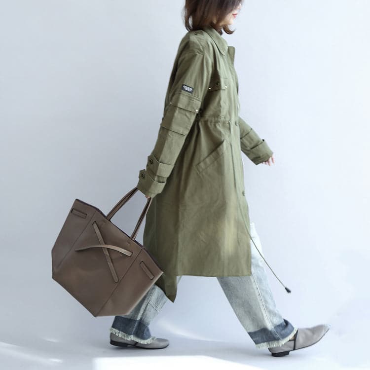 2021 pockets green casual cotton parka plus size tie waist long sleeve trench coats