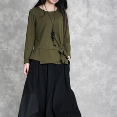 2019 army green cotton tops oversized cotton maxi t shirts women asymmetric long sleeve cotton shirts