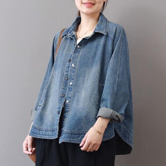 2019 autumn new casual denim blue cotton short coats plus size lapel collar wild tops coat