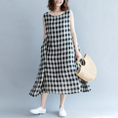 2019 black Plaid linen cotton shift dresses fine Sleeveless baggy dresses O neck Cinched cotton dress