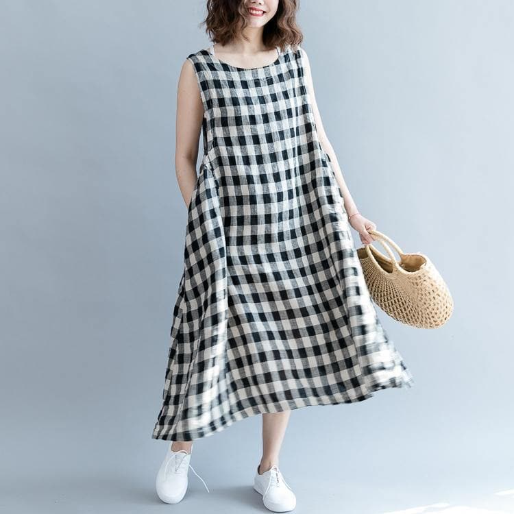 2019 black Plaid linen cotton shift dresses fine Sleeveless baggy dresses O neck Cinched cotton dress