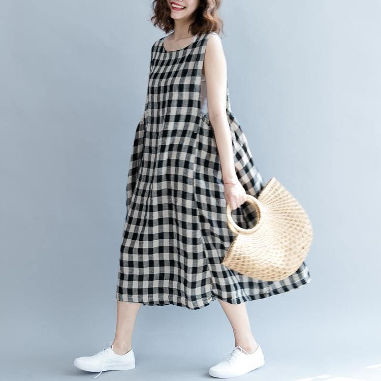 2019 black Plaid linen cotton shift dresses fine Sleeveless baggy dresses O neck Cinched cotton dress