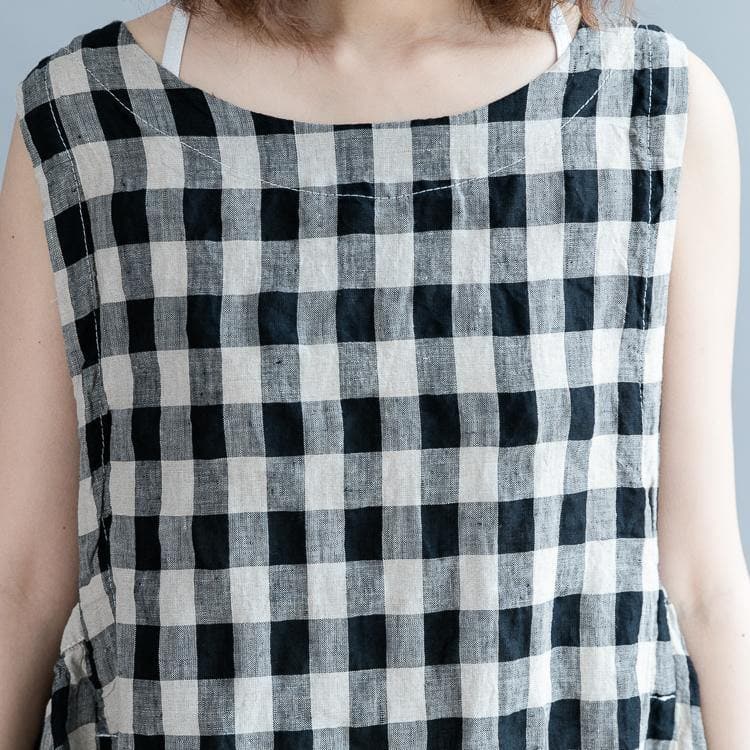 2019 black Plaid linen cotton shift dresses fine Sleeveless baggy dresses O neck Cinched cotton dress