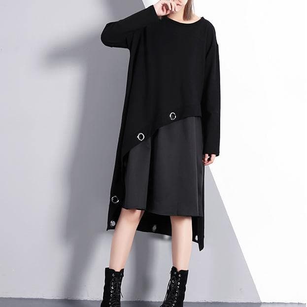 2019 black cotton blended oversize traveling dress two pieces asymmetric New O neck midi dress