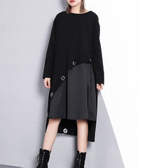 2019 black cotton blended oversize traveling dress two pieces asymmetric New O neck midi dress