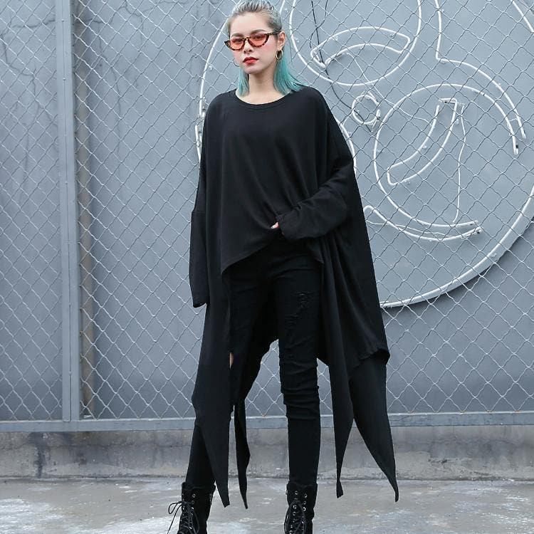 2019 black natural cotton blended t shirt oversize O neck clothing tops vintage asymmetric large hem t shirt