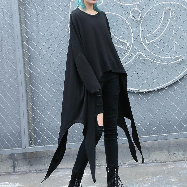 2019 black natural cotton blended t shirt oversize O neck clothing tops vintage asymmetric large hem t shirt