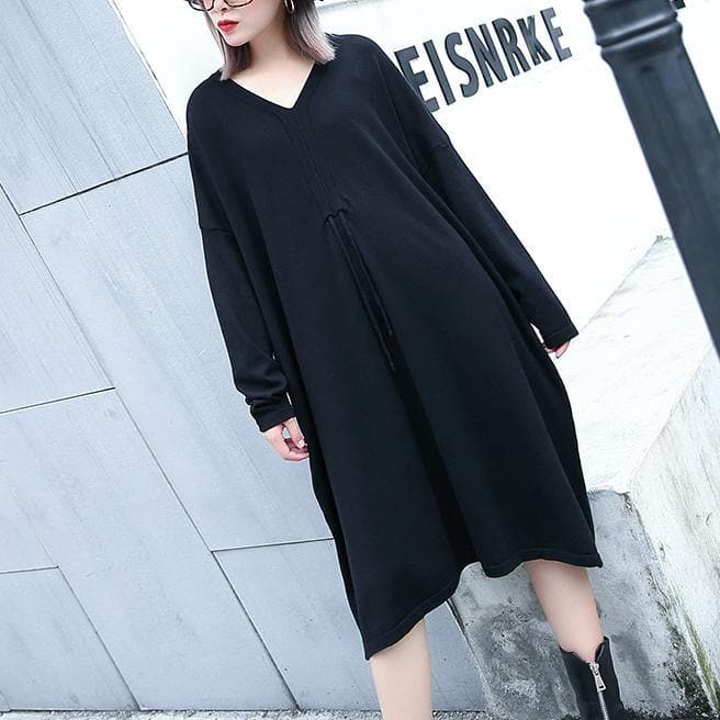 2019 black natural plus size baggy dresses vintage V neck drawstring natural cotton blended dress