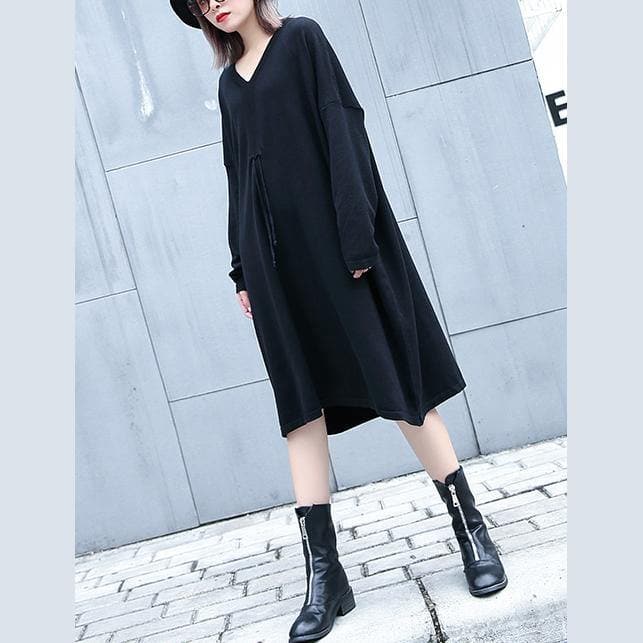 2019 black natural plus size baggy dresses vintage V neck drawstring natural cotton blended dress