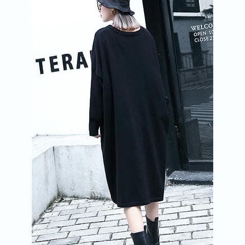 2019 black natural plus size baggy dresses vintage V neck drawstring natural cotton blended dress