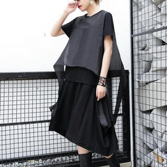 2019 black pure linen tops plus size traveling clothing casual patchwork faux two pieces tops