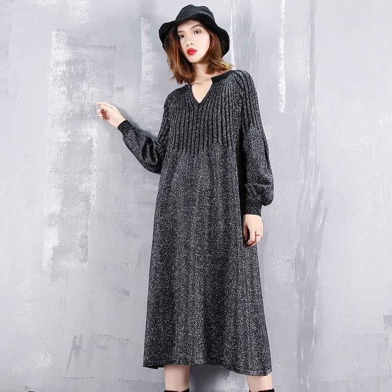 2021 black sweater dress plus size v neck sweater vintage baggy Cinched winter dress