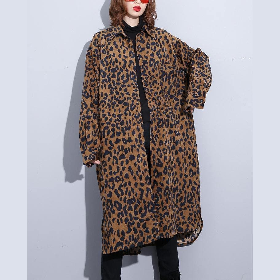 2019 chocolate Leopard coat plus size clothing dress side open casual Turn-down Collar Button coat