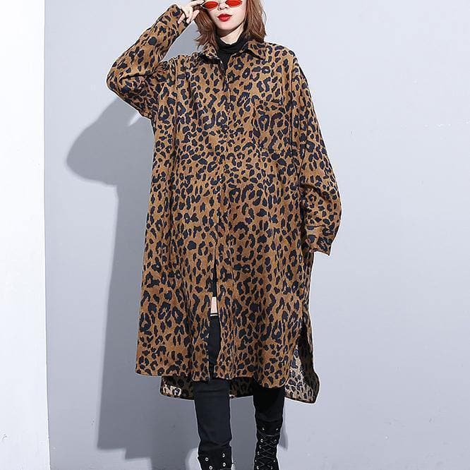 2019 chocolate Leopard coat plus size clothing dress side open casual Turn-down Collar Button coat