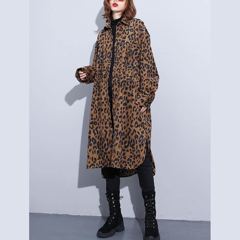 2019 chocolate Leopard coat plus size clothing dress side open casual Turn-down Collar Button coat