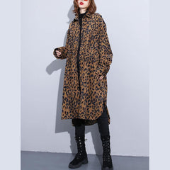 2019 chocolate Leopard coat plus size clothing dress side open casual Turn-down Collar Button coat