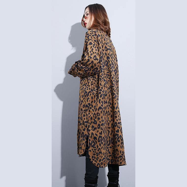 2019 chocolate Leopard coat plus size clothing dress side open casual Turn-down Collar Button coat