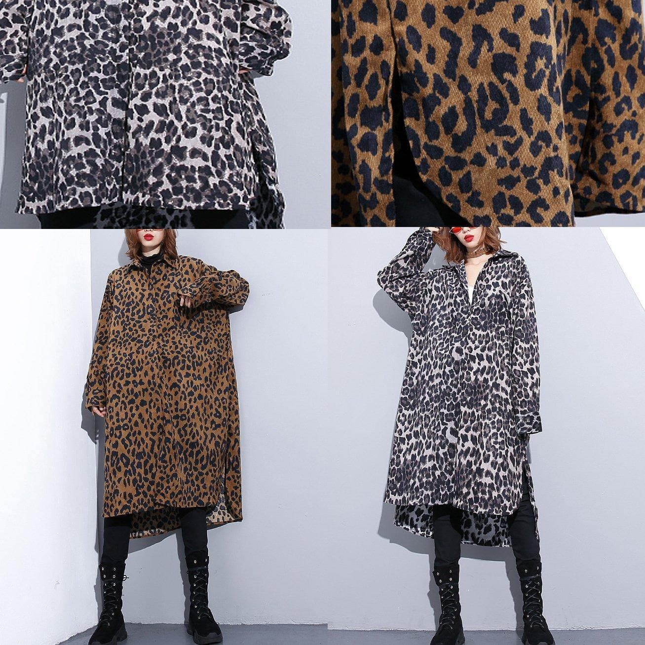 2019 chocolate Leopard coat plus size clothing dress side open casual Turn-down Collar Button coat