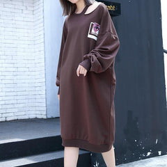 2019 chocolate print cotton blended knee dress plus size casual baggy dresses Fine Asymmetrical collar knee dresses