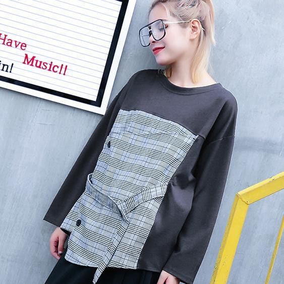 2018 gray Plaid tops trendy plus size O neck casual New patchwork asymmetric cotton tops