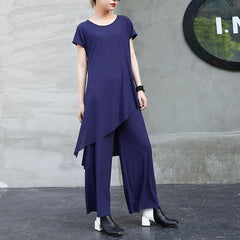 2018 new fashion cotton two pieces casual asymmetric hem tops and elastic waist wide leg pants