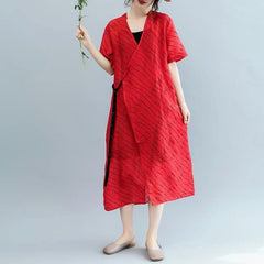 2018 red striped long cotton linen dress oversized v neck tie waist cotton linen clothing dresses boutique short sleeve kaftan