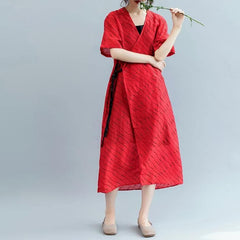 2018 red striped long cotton linen dress oversized v neck tie waist cotton linen clothing dresses boutique short sleeve kaftan