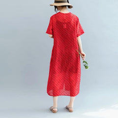 2018 red striped long cotton linen dress oversized v neck tie waist cotton linen clothing dresses boutique short sleeve kaftan