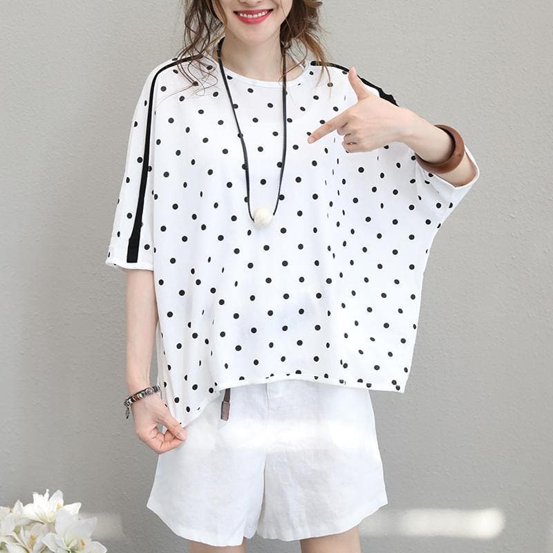 2018 white cotton tops plus size shirts Fine batwing sleeve dotted cotton tops