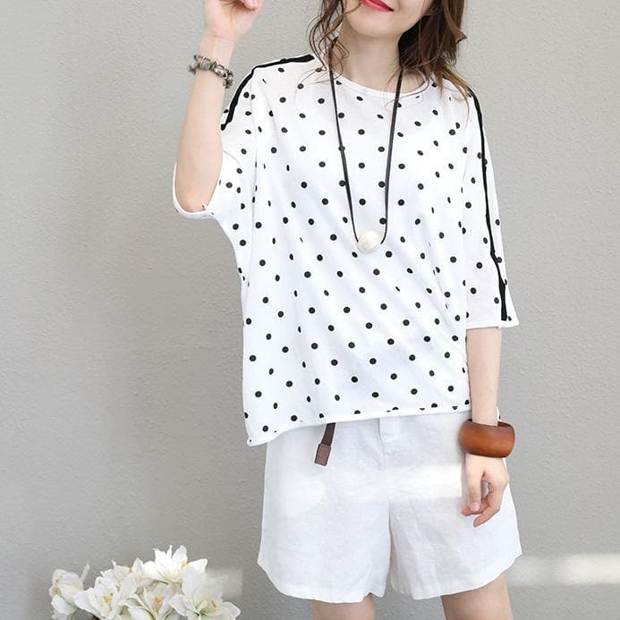 2018 white cotton tops plus size shirts Fine batwing sleeve dotted cotton tops