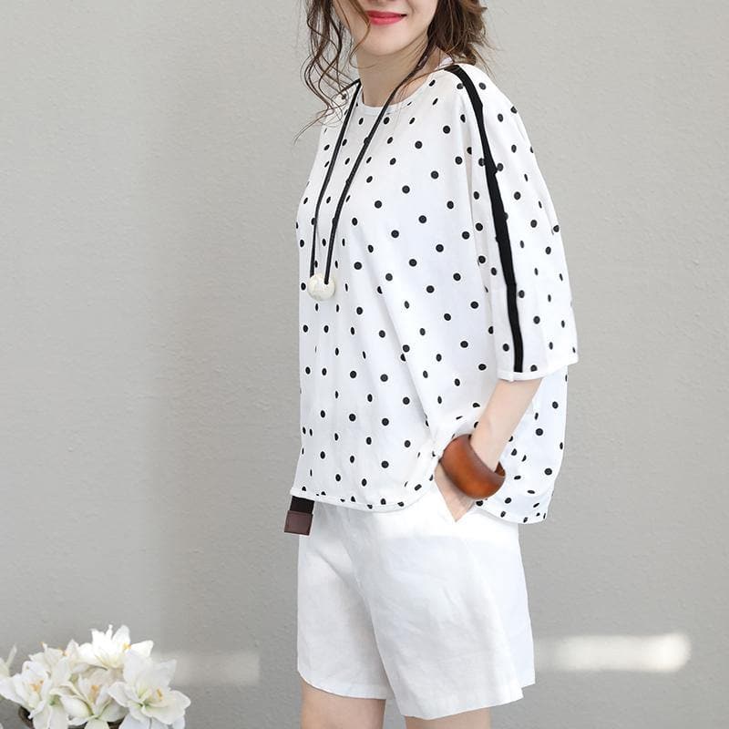 2018 white cotton tops plus size shirts Fine batwing sleeve dotted cotton tops