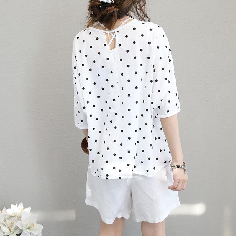 2018 white cotton tops plus size shirts Fine batwing sleeve dotted cotton tops