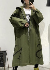 2019 army green coat plus size long fall coat hooded pockets zippered outwear