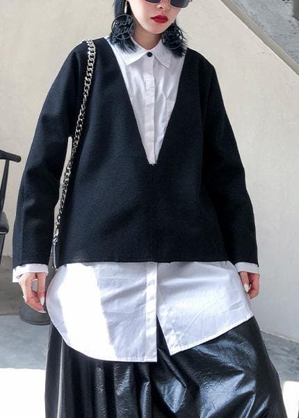 2019 autumn and winter new fashion large size long-sleeved V-neck wool tops white shirt female two-piece suit