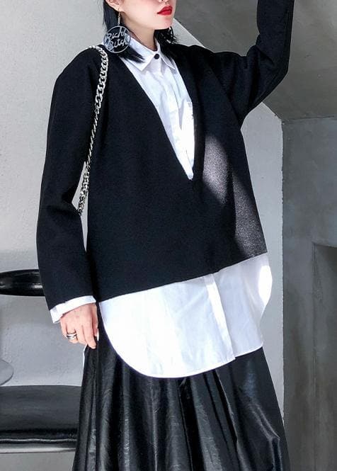 2019 autumn and winter new fashion large size long-sleeved V-neck wool tops white shirt female two-piece suit