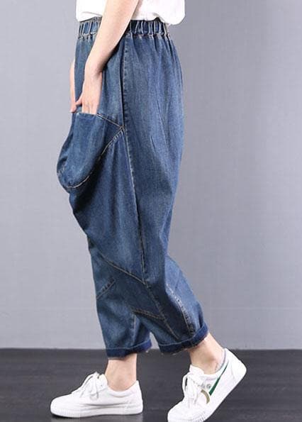 2019 autumn old casual pants big pockets denim blue harem pants