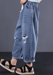 2019 new denim blue plus size pants elastic waist drawstring ripped Jeans