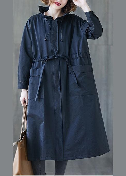 2019 Plus Size Fall Navy Ruffled Drawstring Zippered Coats