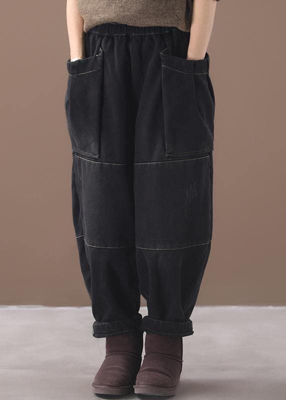 2019 winter black patchwork cotton pants two pockets thick denim pants