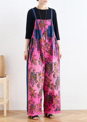 2021 retro national style rose printed loose denim overalls