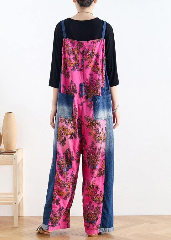 2021 retro national style rose printed loose denim overalls